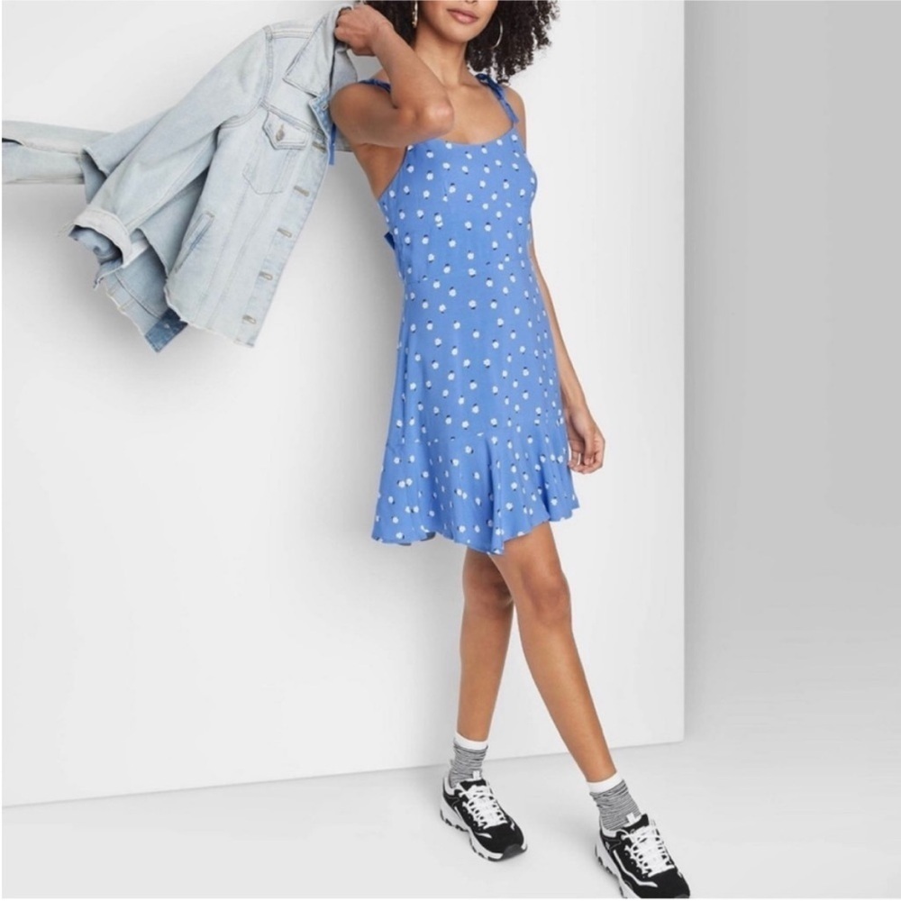 Wild Fable Blue Floral White Flower Mini Dress Tie Shoulder Size Medium